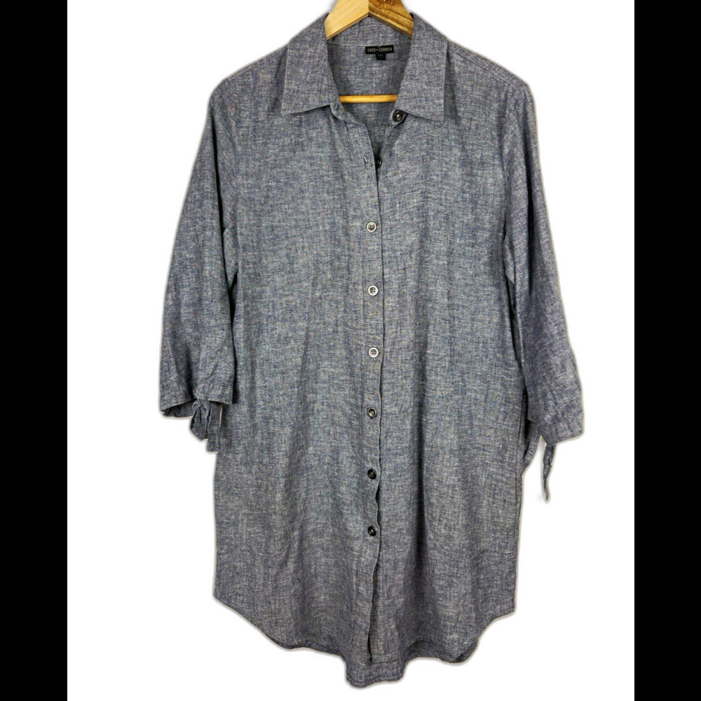 COCO + CARMEN Blue Hemp Cotton Shirt Dress Button Front Pockets Small Medium